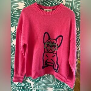Boden party pink French Bulldog Natalie embroidered jumper sweater sz S